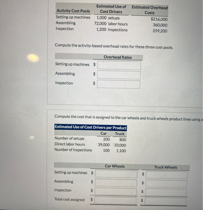 Estimated Use of Cost Drivers 1,000 setups 72,000 labor hours 1,200 inspections