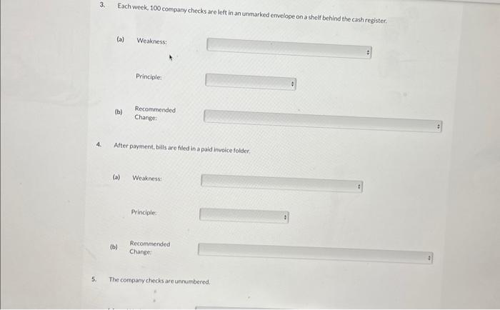 identify the internal control principle that is violated, (b) For each weakness,