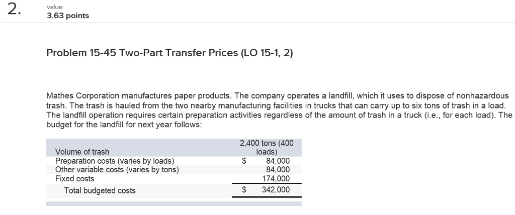  2. 363 points value: Problem 15-45 Two-Part Transfer Prices (LO 15-1,