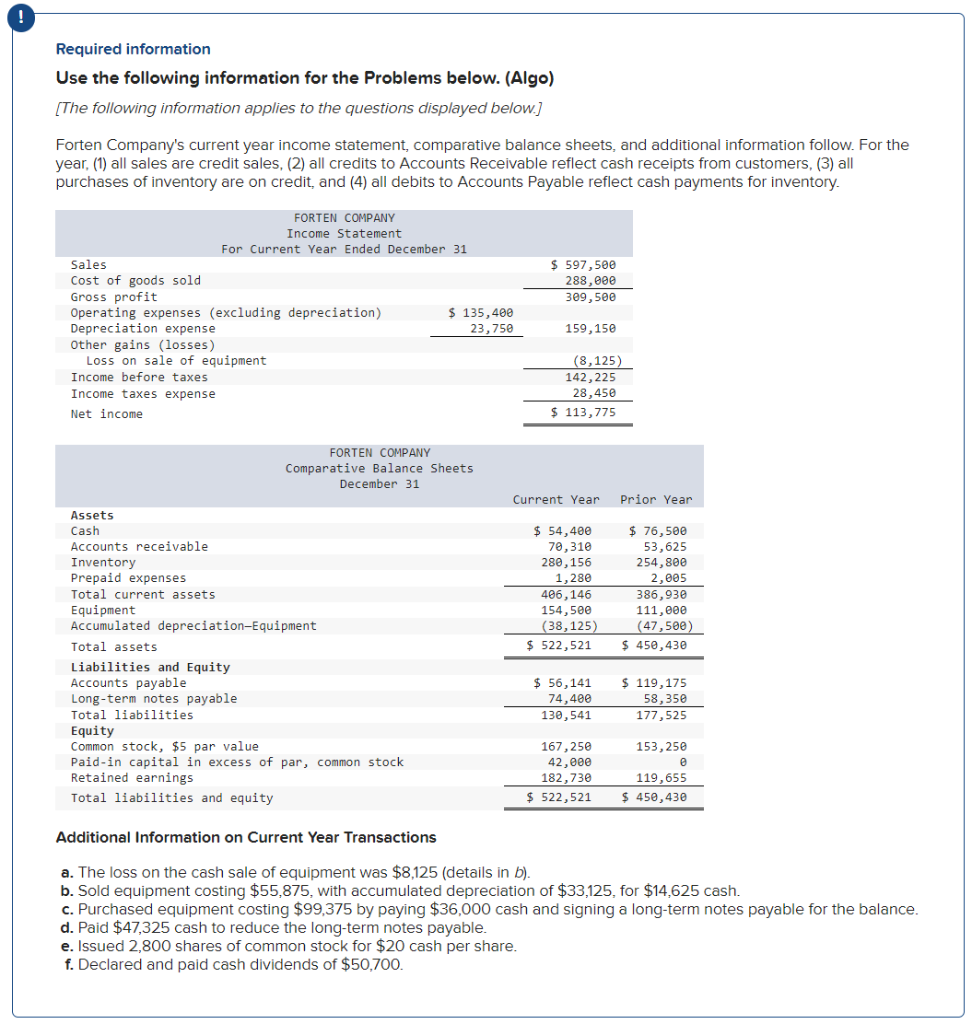  ! Required information Use the following information for the Problems below.