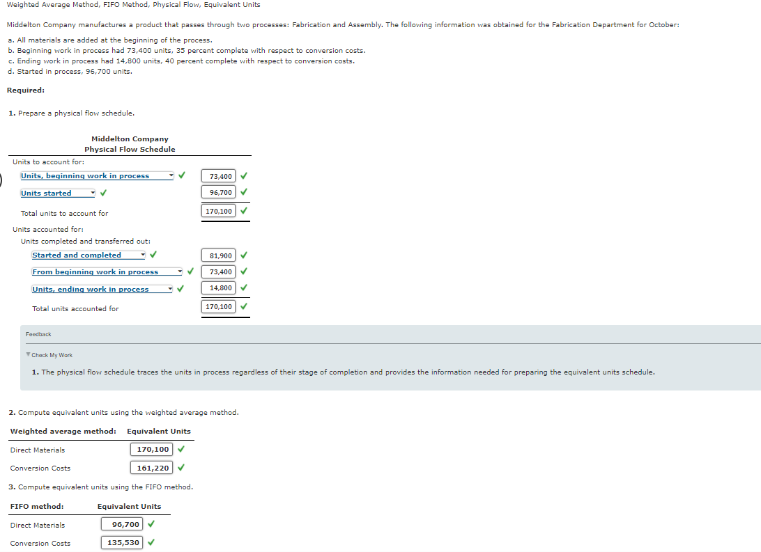  Weighted Average Method, FIFO Method, Physical Flow, Equivalent Units Middelton Company