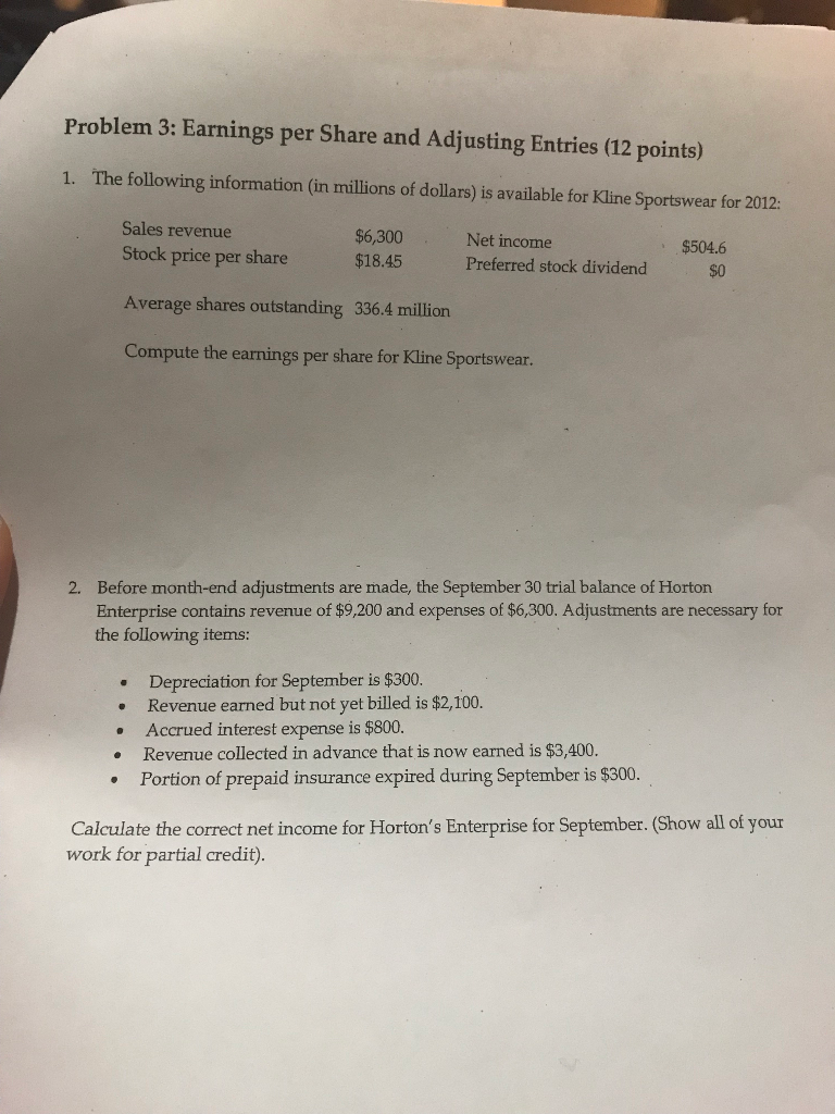  Problem 3: Earnings per Share and Adjusting Entries (12 points) 1.