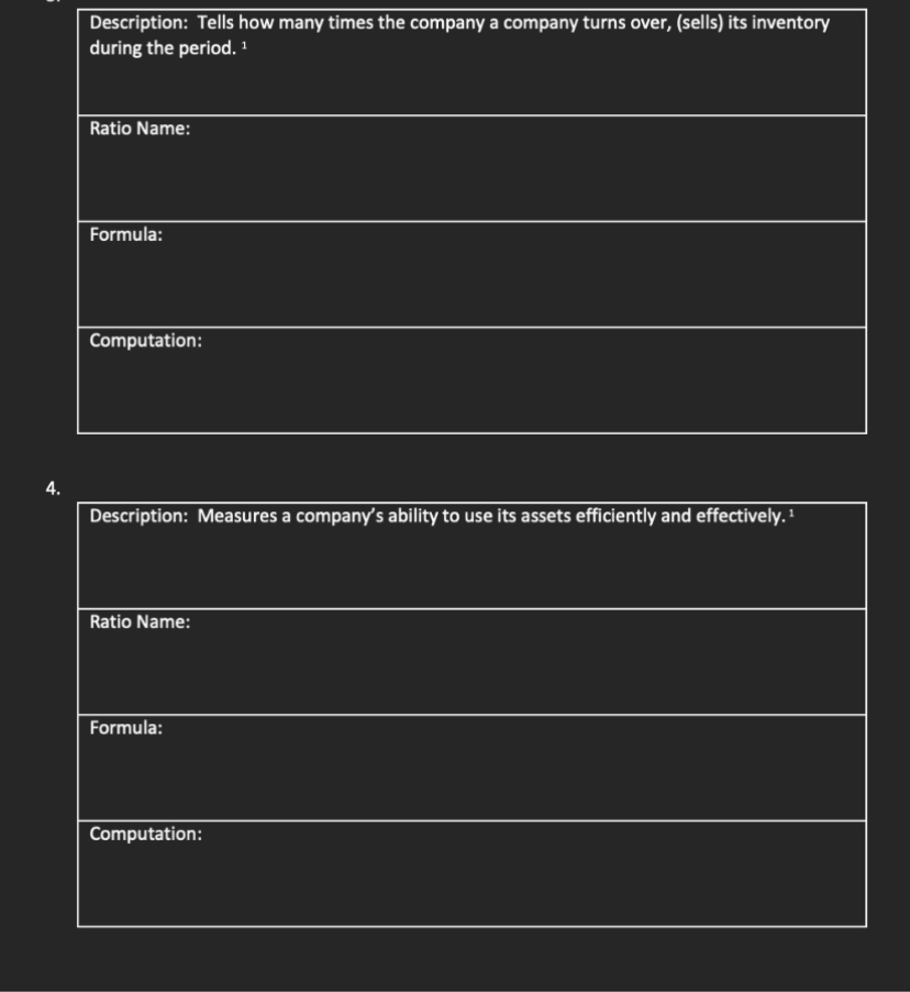 balance sheet and/or income statement, compute the ratio. Example: Description: A measure