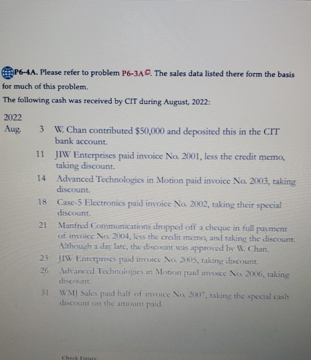  P6-4A. Please refer to problem P6-3A9. The sales data listed there