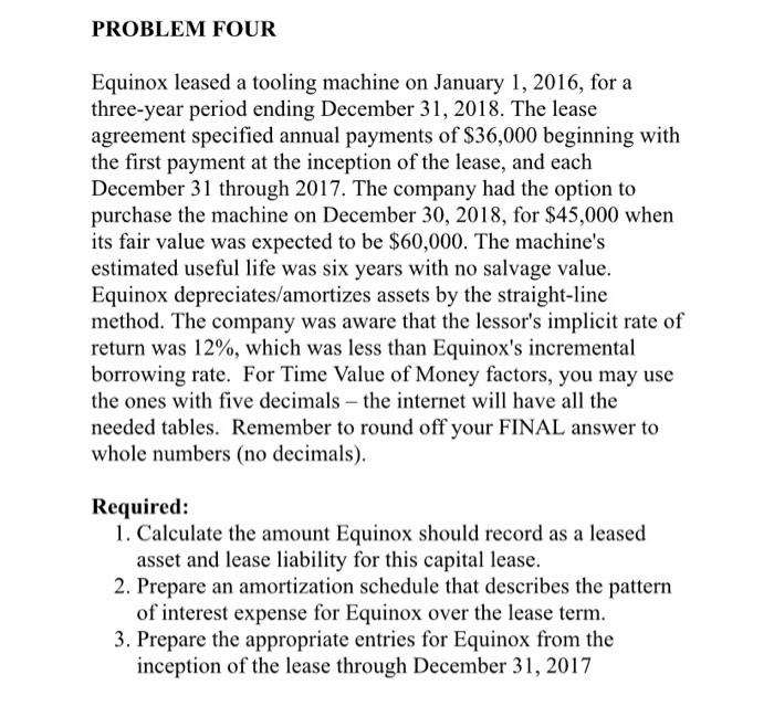  PROBLEM FOUR Equinox leased a tooling machine on January 1, 2016,
