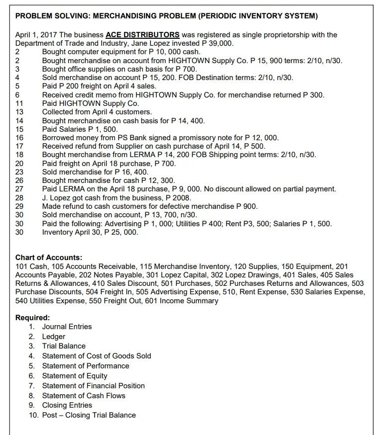  PROBLEM SOLVING: MERCHANDISING PROBLEM (PERIODIC INVENTORY SYSTEM) April 1, 2017 The