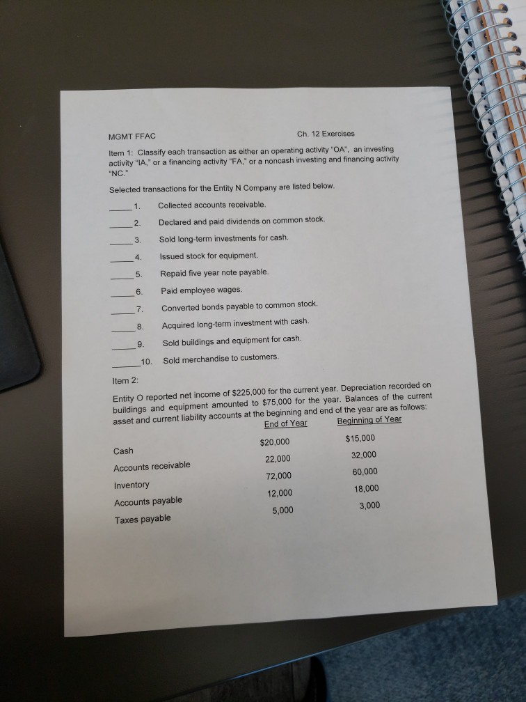  MGMT FFAC Ch. 12 Exercises Item 1: Classify each transaction as