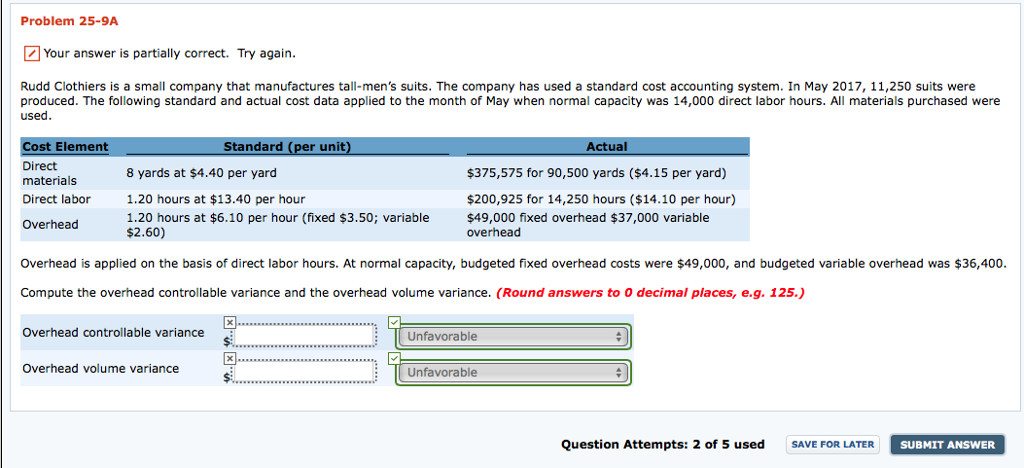 standard cost accounting system. In May 2017, 11,250 suits were produced. The