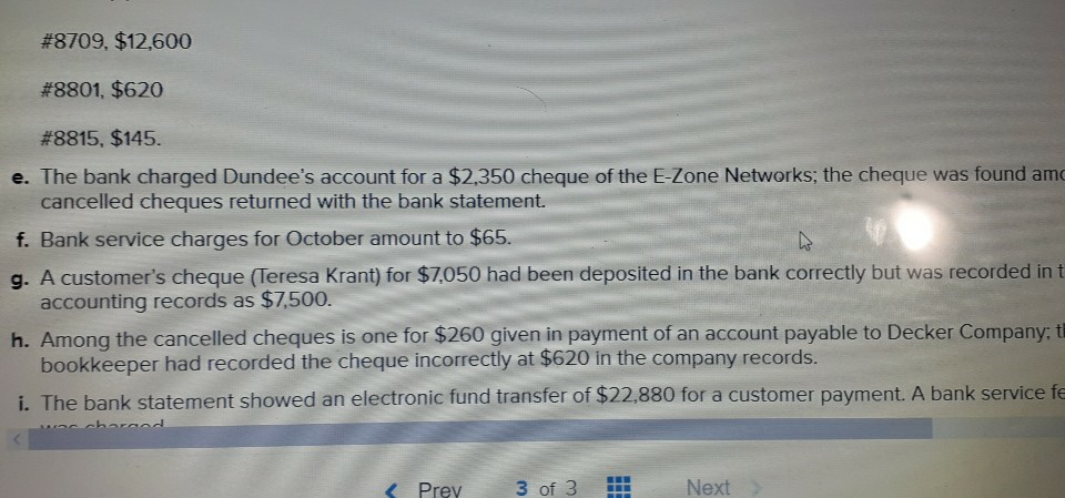 following is information for Dundee Realty a. Balance per the bank statement