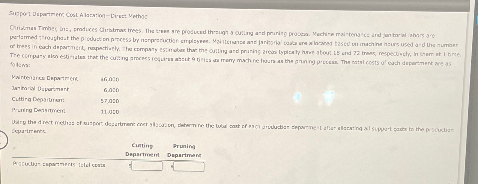  Support Department Cost Allocation-Direct Method Christmas Timber, Inc., produces Christmas trees.
