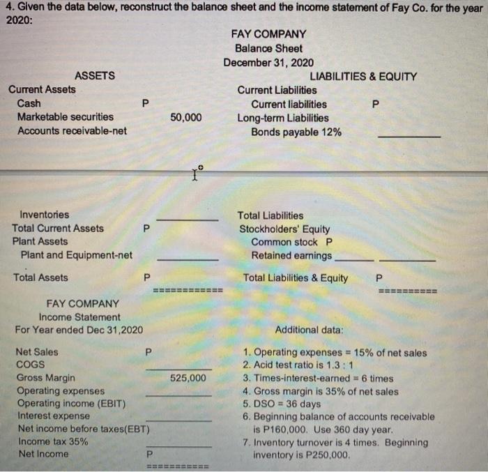  4. Given the data below, reconstruct the balance sheet and the