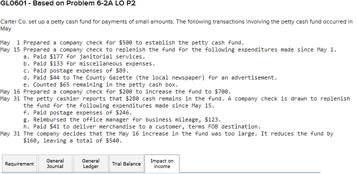 GLO601 Based on Problem 6-2A LO P2 Carter Co. set up