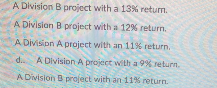 divisions. Division A's cost of capital is 10.0%, Division B's cost is