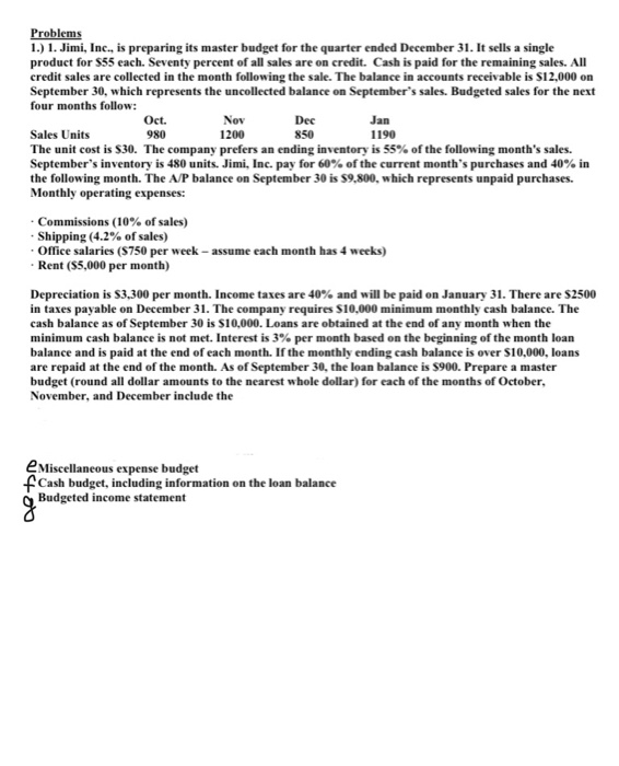  Problems 1.) 1. Jimi, Inc., is preparing its master budget for