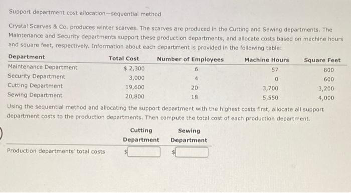 6 4 0 Support department cost allocation sequential method Crystal Scarves
