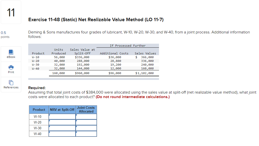  Exercise 11-48 (Static) Net Realizable Value Method (LO 11-7) Deming \&