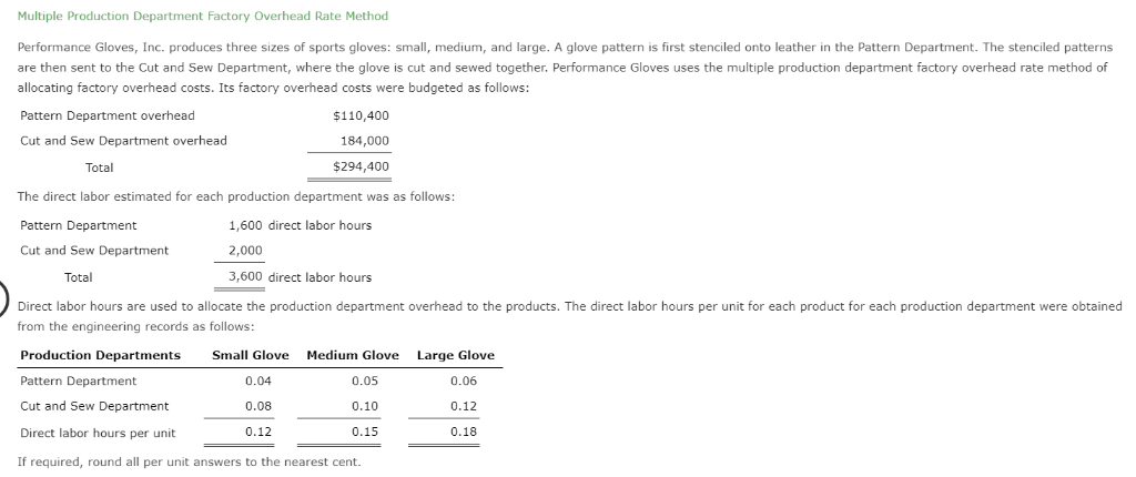 Multiple Production Department Factory Overhead Rate Method Performance Gloves, Inc. produces three
