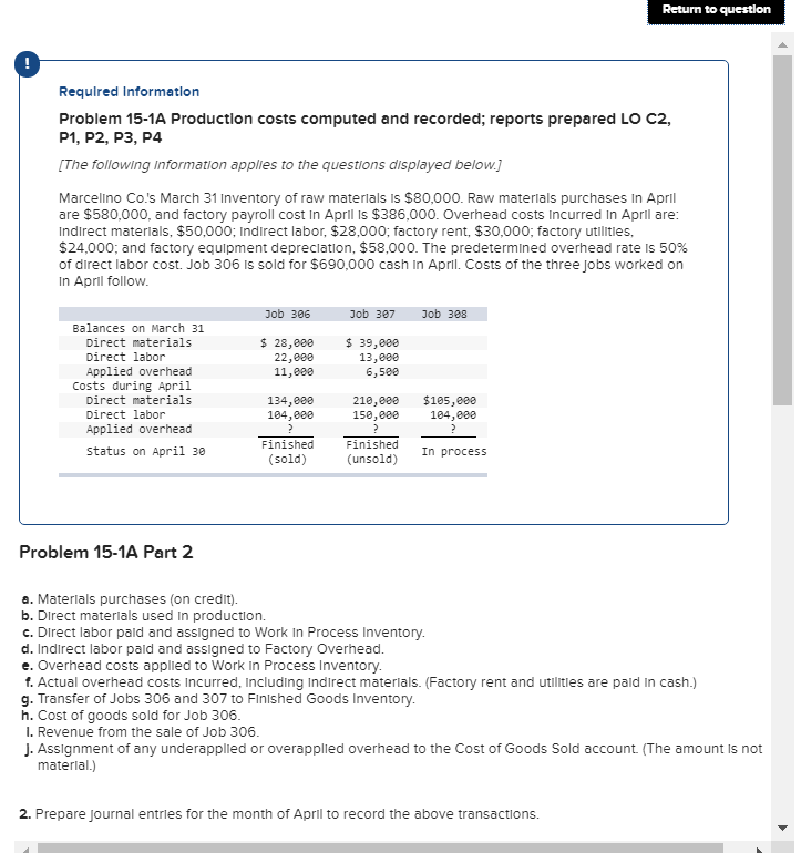  Return to question Required Information Problem 15-1A Production costs computed and