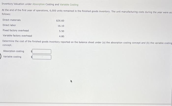 Can someone help me solve this! Inventory Valuation under Absorption Costing and