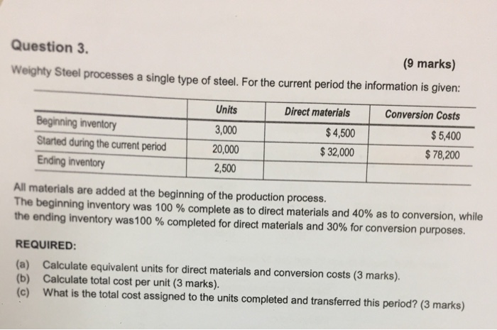  Question 3 (9 marks) Weighty Steel processes a single type of