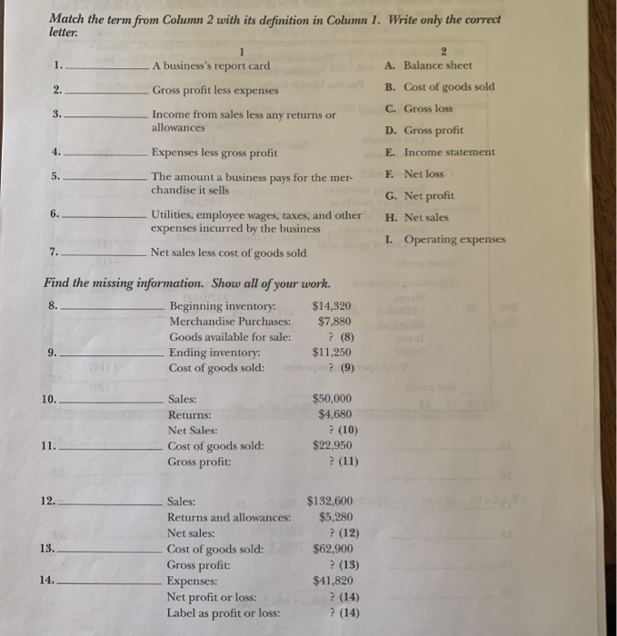  Match the term from Column 2 with its definition in Column