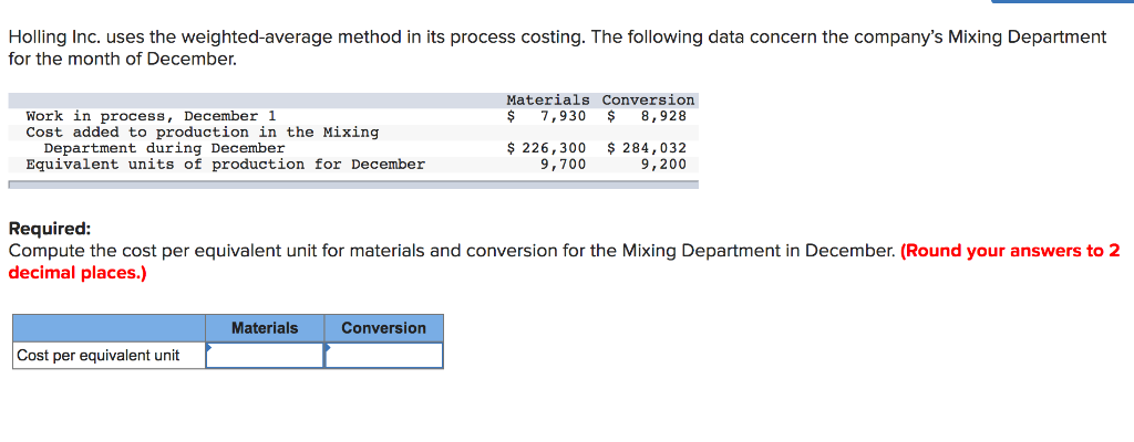  Holling Inc. uses the weighted-average method in its process costing. The