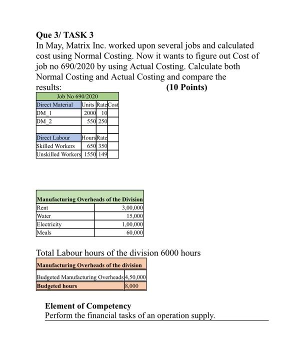  Que 3/ TASK 3 In May, Matrix Inc. worked upon several