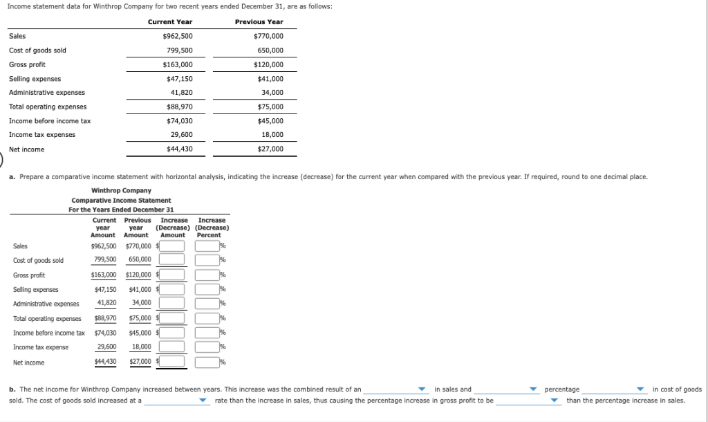  Income statement data for Winthrop Company for two recent years ended