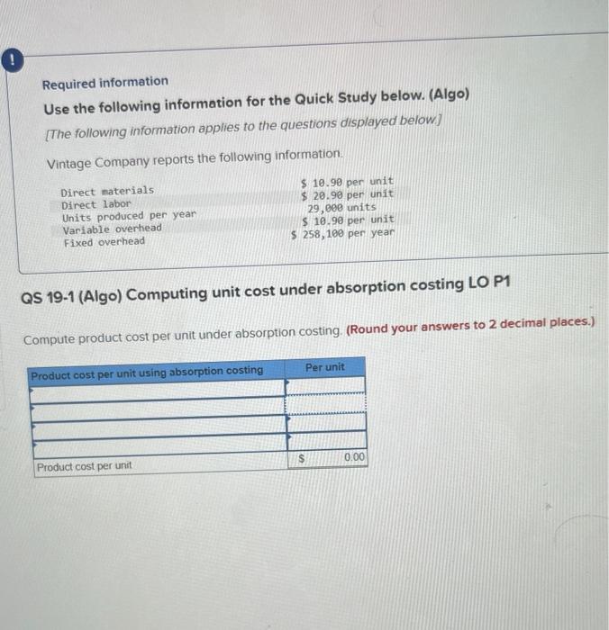  Required information Use the following information for the Quick Study below.