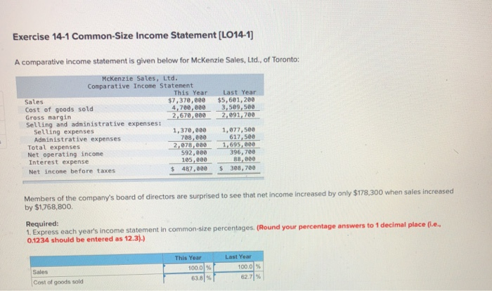  Exercise 14-1 Common-Size Income Statement (LO14-1) A comparative income statement is