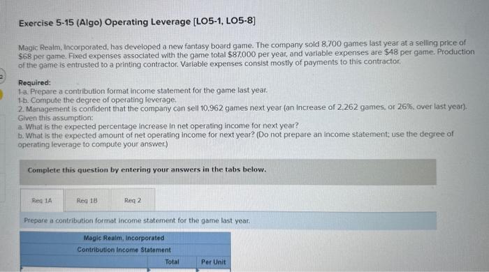  Exercise 5-15 (Algo) Operating Leverage [LO5-1, L05-8] Magic Realm, Incorporated, has