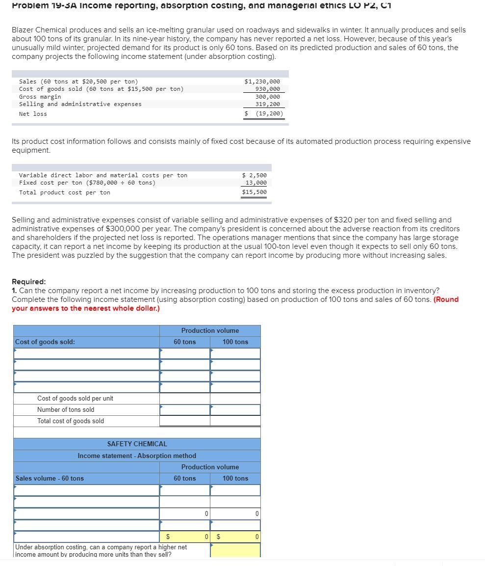 undefined Problem 19-3A Income reporting, absorption costing, and managerial ethics LO P2,