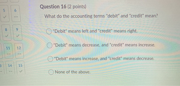  Question 16 (2 points) 5 What do the accounting terms "debit"