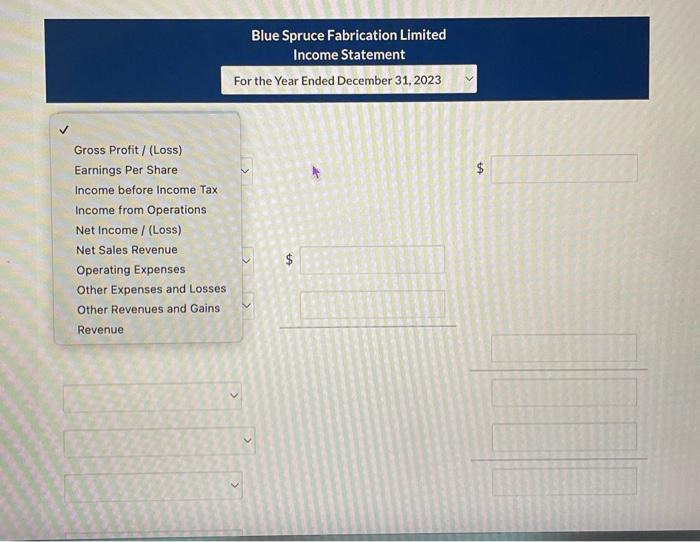 down options for the income statement. Thank you The following balances were