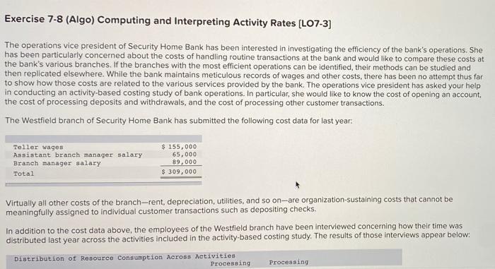  Exercise 7-8 (Algo) Computing and Interpreting Activity Rates (LO7-3) The operations