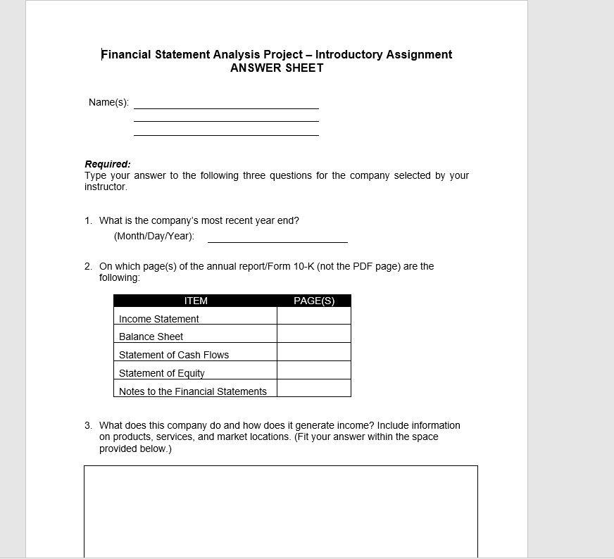 ntroductory assignment to locate the key financial statements within a company's annual