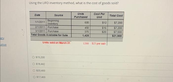  please help, will upvote Using the LIFO inventory method, what is