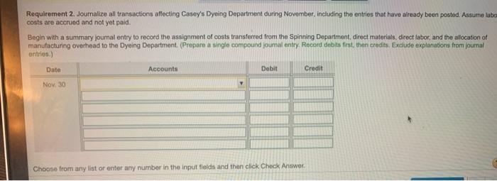  Requirement 2. Journalize all transactions affecting Casey's Dyeing Department during November,