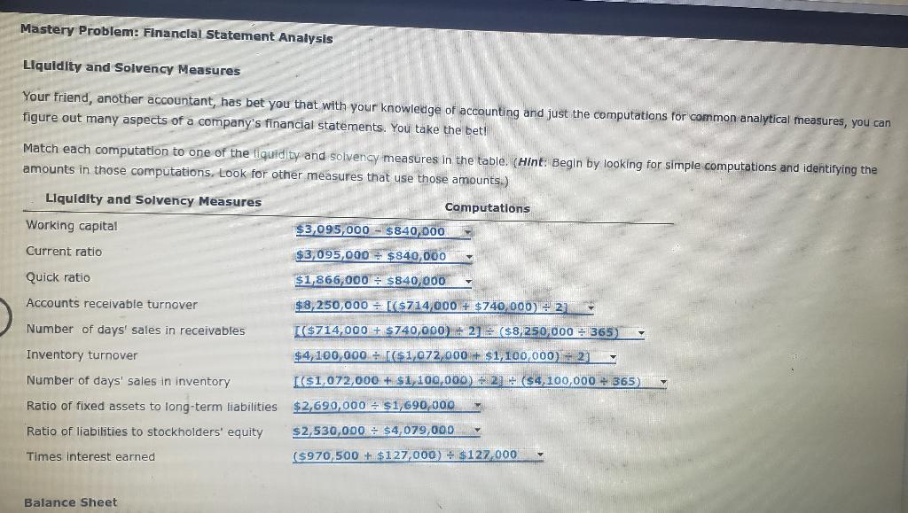 Mastery Problem: Flnanclal Statement Analysis Lquidity and Solvency Measures Your friend,