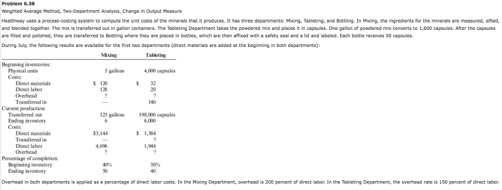  Problem 6.38 Weighted Average Method, Two Department Analysis, Change in output