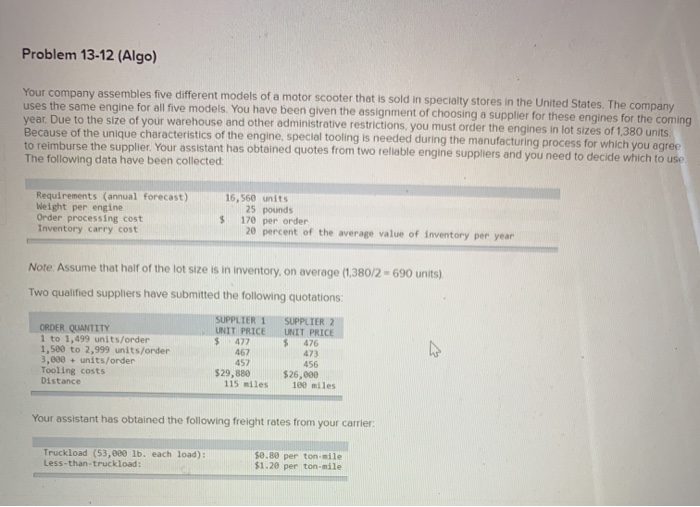  Problem 13-12 (Algo) Your company assembles five different models of a