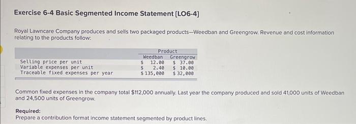  Exercise 6-4 Basic Segmented Income Statement [LO6-4] Royal Lawncare Company produces