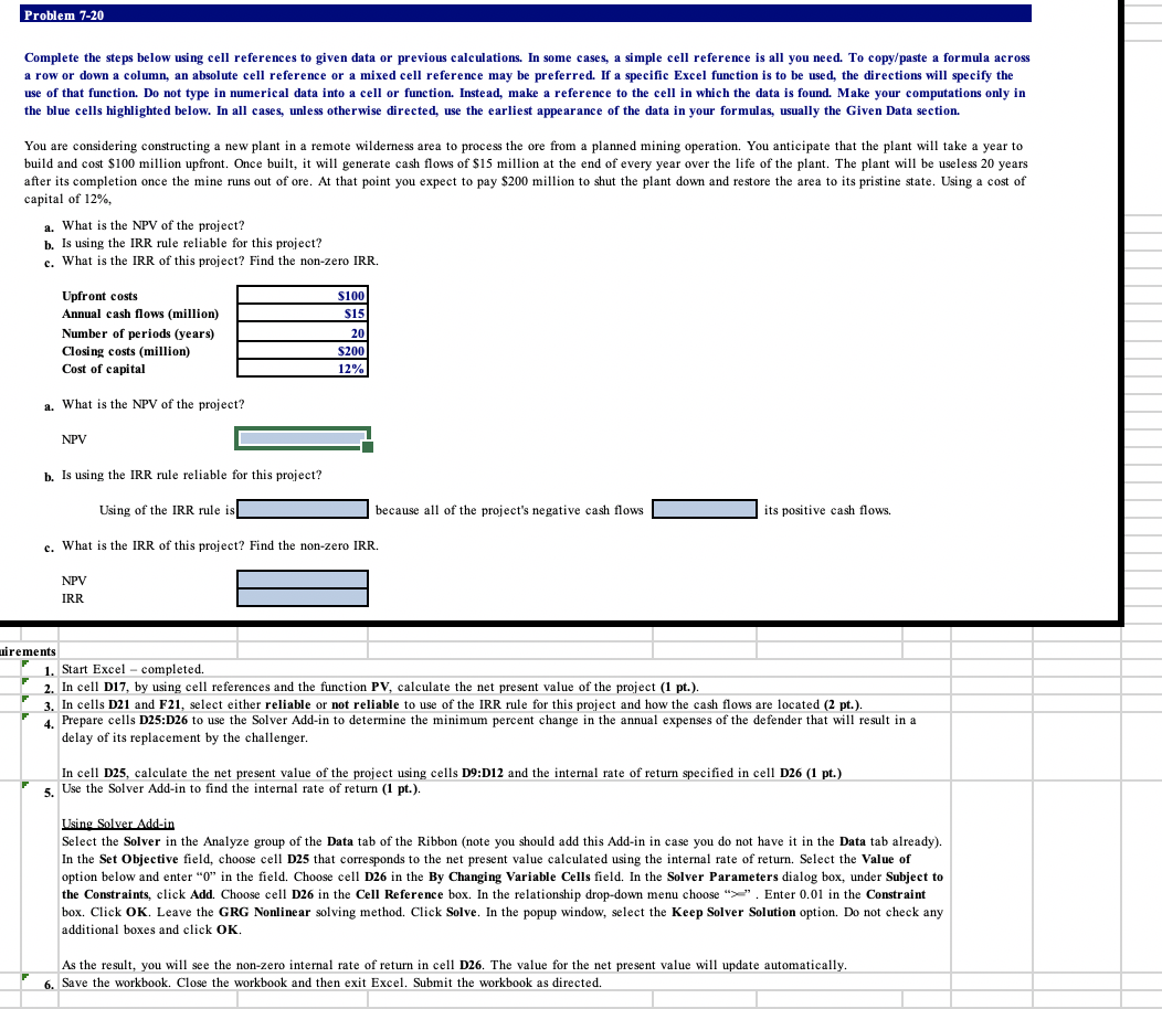 Please show using PV Excel function (per directions at bottom). Problem 7-20