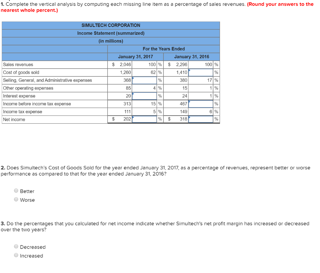 1. Complete the vertical analysis by computing each missing line item