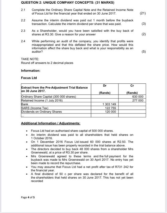  2.1 (21) ( (3 2.2 (3) 23 (2) QUESTION 2: UNIQUE