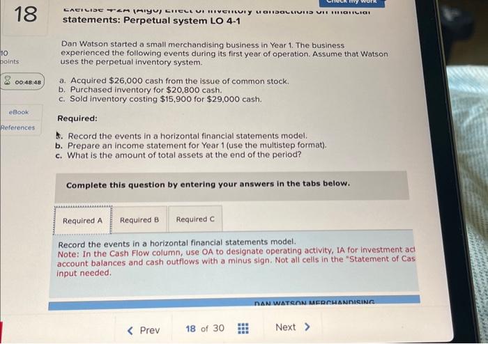  statements: Perpetual system LO 4-1 Dan Watson started a small merchandising