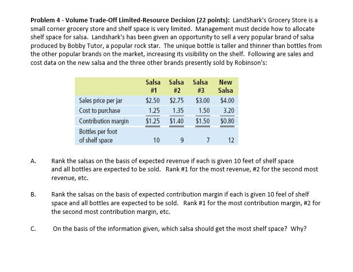 Problem 4 - Volume Trade-Off Limited-Resource Decision (22 points): Landshark's Grocery