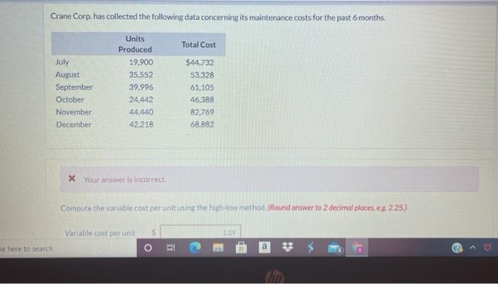 please help Crane Corp. has collected the following data concerning its