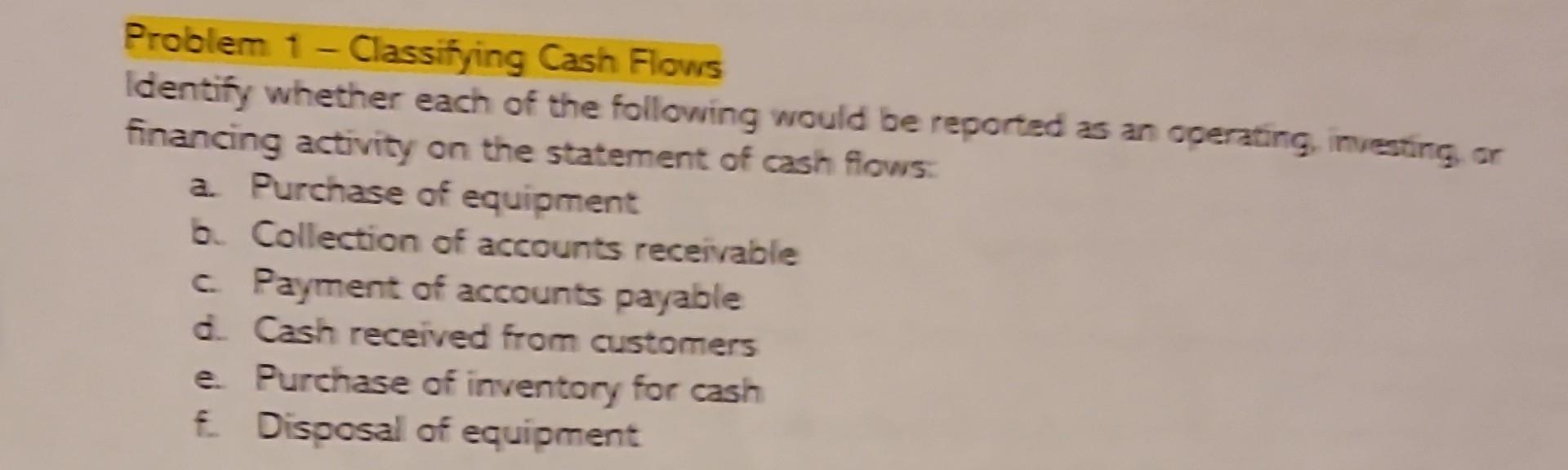 Problem 1 - Classifying Cash Flows Identify whether each of the