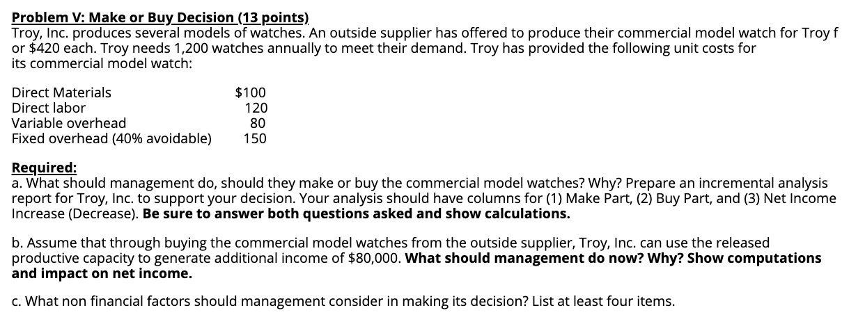 Problem V: Make or Buy Decision (13 points) Troy, Inc. produces